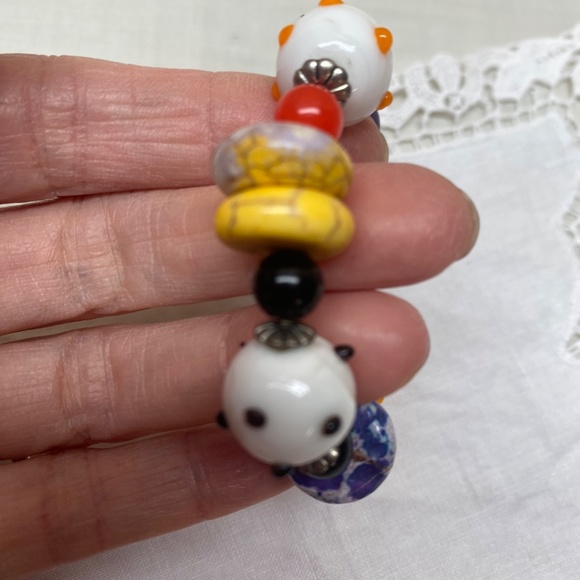 Multi Colored Festive Glass Beaded Stretch Bracelet With Silver Bead Spacers - Picture 4 of 9